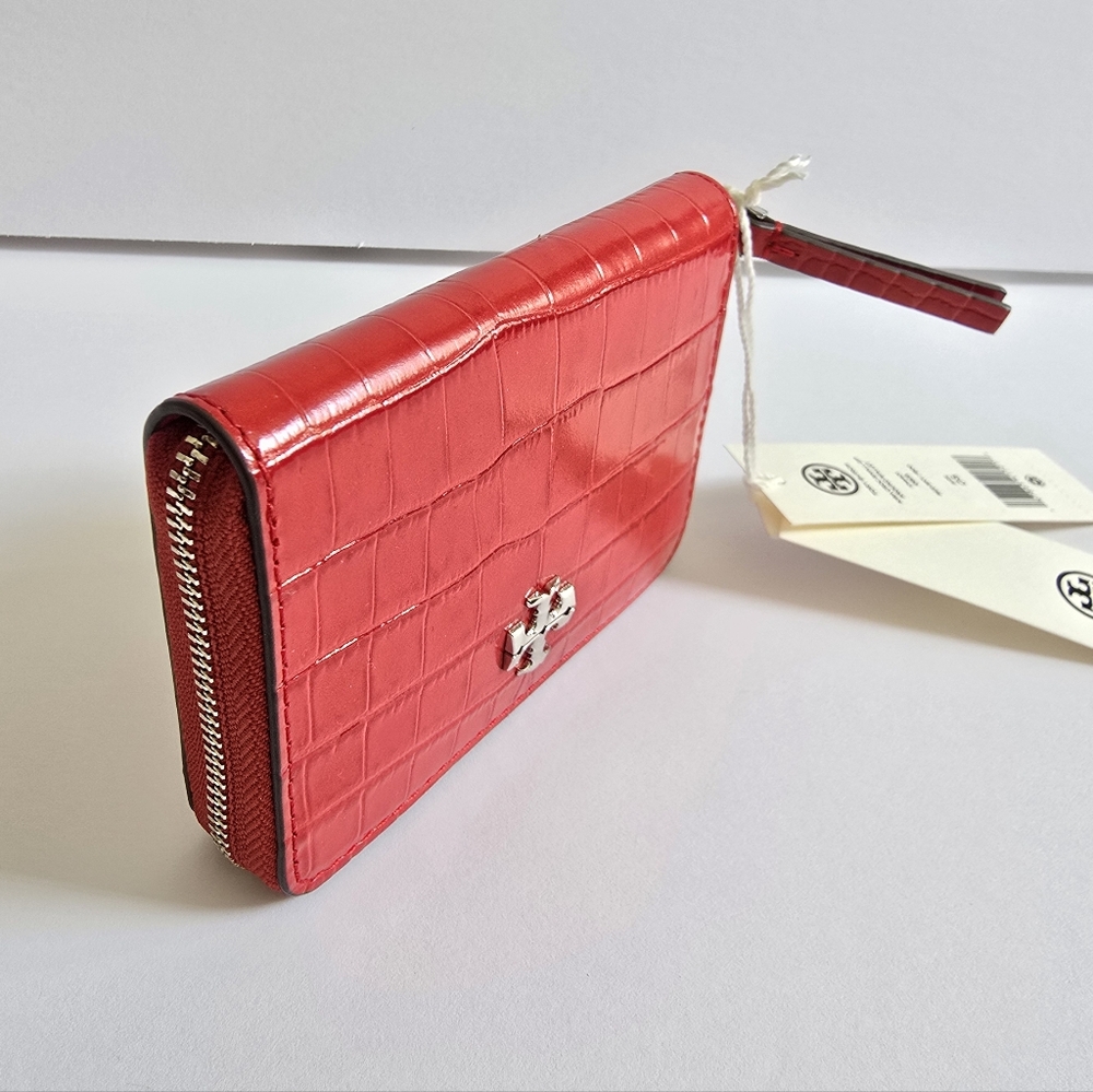 Tory Burch Small Kira Croc-Embossed Leather Zip-around Wallet Red Sky - Picture 4 of 8